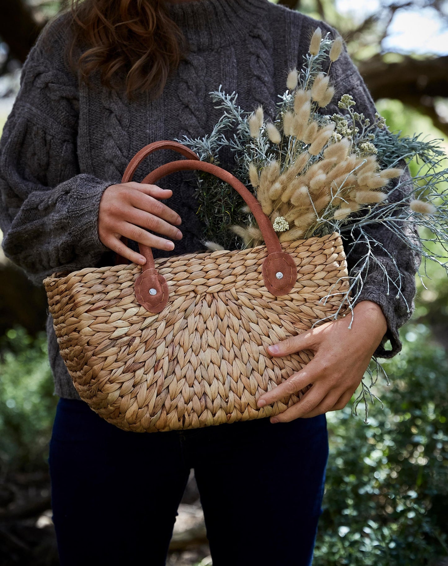 Natural Handle Small Harvest Basket Suede