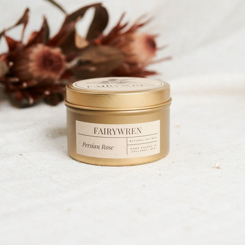 Persian Rose Gold Tin Candle from Fairywren Candle Co - Harry Hartog gift idea
