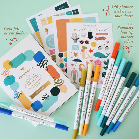 Coastal Dual Tip Watercolour Marker and Sticker Sheet Set