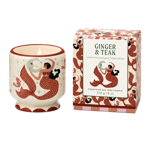 A Dopo 8oz Handpainted Mermaid & Moon Candle - Ginger & Teak